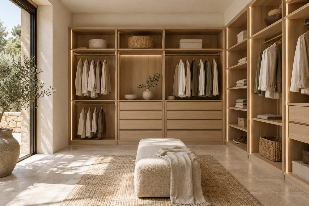 Ambiente de inspiración generado: vestidor en L de roble con iluminación cálida